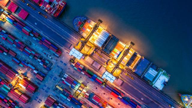 Stock photo of freight containers at a port. Photo credit: iStock/thitivong.